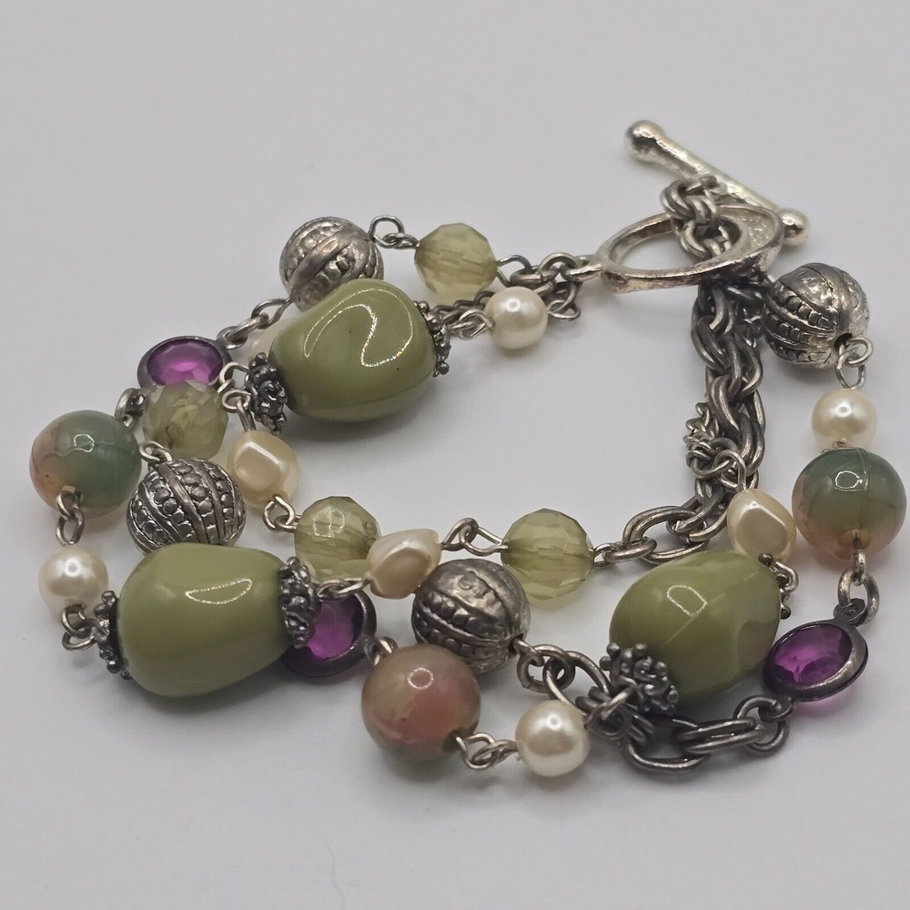Whimsigoth‎ Womens Green Purple Beaded Bracelet Silver Accents Statement Jewelry